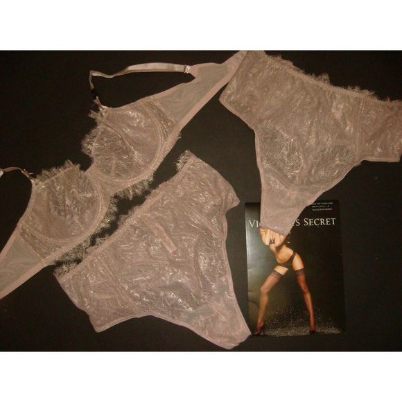 Victoria's Secret unlined 36D BRA SET thong taupe PINK gold foil lace VERY SEXY - Picture 1 of 7